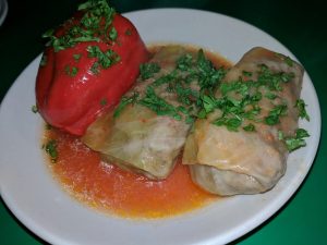 Cabbage Rolls and Stuffed Sweet Peppers with Meat and Rice